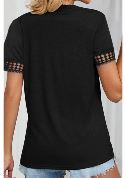 V Yaka Dantel Detaylı Viskon Bluz Siyah modelleri
