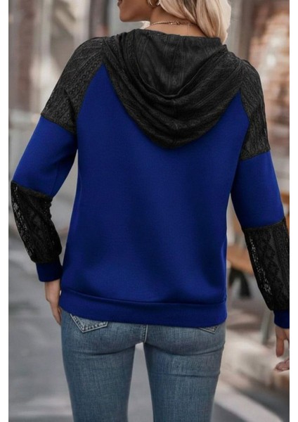 Dantel Detaylı Kapüşonlu Viskon Iki Iplik Bluz - Lacivert modelleri