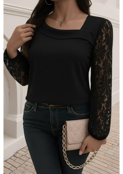 Asimetrik Yaka Dantelli Ithal Krep Bluz - Siyah