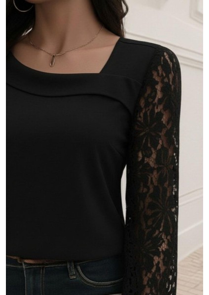 Asimetrik Yaka Dantelli Ithal Krep Bluz - Siyah fiyatları