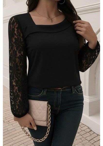 Asimetrik Yaka Dantelli Ithal Krep Bluz - Siyah fırsatları