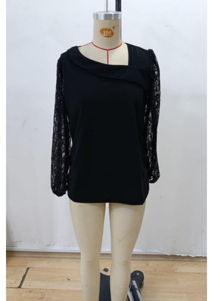 Asimetrik Yaka Dantelli Ithal Krep Bluz - Siyah indirimleri