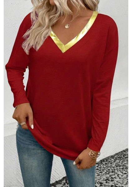 Parlak V Yaka Detaylı Viskon Bluz - Kırmızı fiyatları