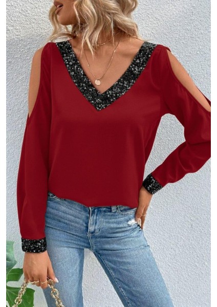 V Yaka Omzu Açık Sandy Bluz - Kırmızı