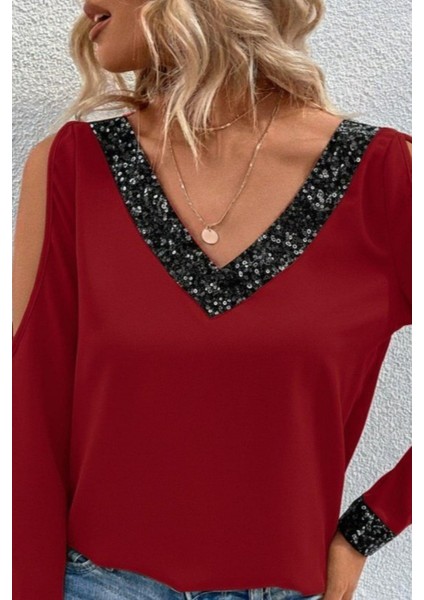 V Yaka Omzu Açık Sandy Bluz - Kırmızı fiyatları