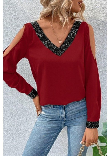 V Yaka Omzu Açık Sandy Bluz - Kırmızı modelleri