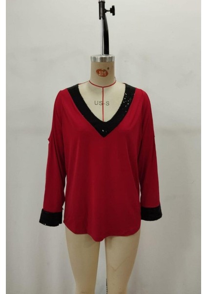 V Yaka Omzu Açık Sandy Bluz - Kırmızı fırsatları