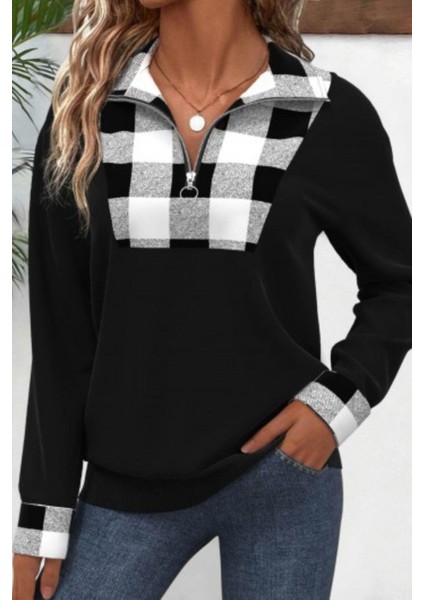 Fermuarlı Ekose Detaylı Iki Iplik Bluz Siyah