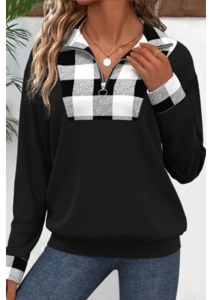 Fermuarlı Ekose Detaylı Iki Iplik Bluz Siyah fiyatları