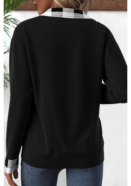 Fermuarlı Ekose Detaylı Iki Iplik Bluz Siyah modelleri