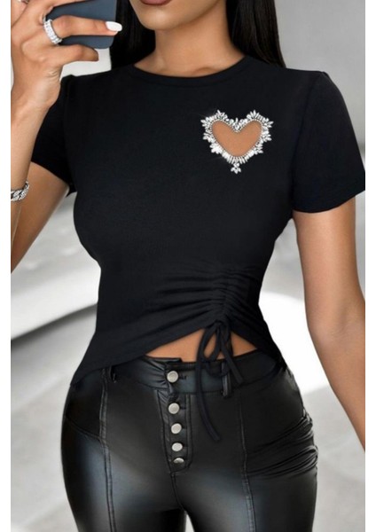 Bisiklet Yaka Taş Kalp Detaylı Viskon Bluz Siiyah