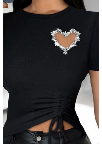 Bisiklet Yaka Taş Kalp Detaylı Viskon Bluz Siiyah fiyatları
