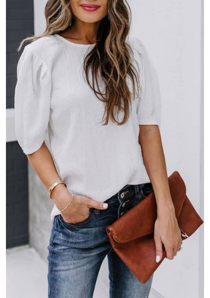 Balon Kol Pileli Bürümcük Bluz Beyaz