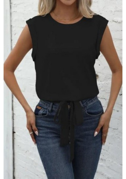 Sıfır Kol Bağlama Detaylı Krep Bluz Siyah