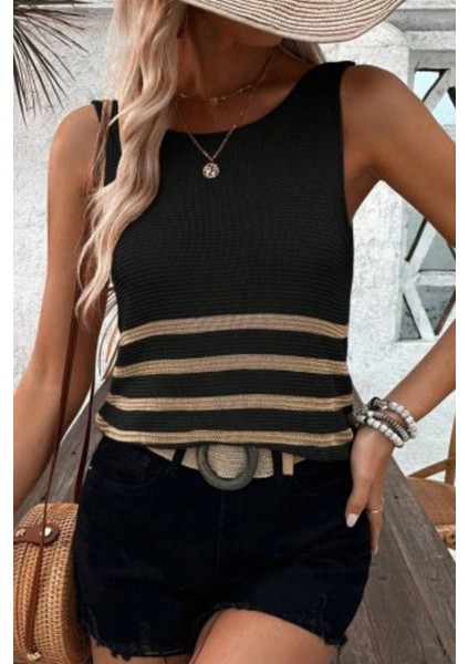 Çizgili Bisiklet Yaka Kolsuz Triko Bluz - Siyah