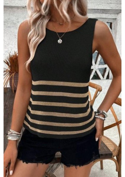 Çizgili Bisiklet Yaka Kolsuz Triko Bluz - Siyah fiyatları