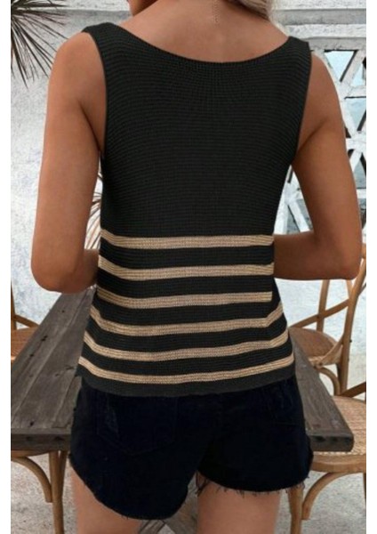 Çizgili Bisiklet Yaka Kolsuz Triko Bluz - Siyah modelleri
