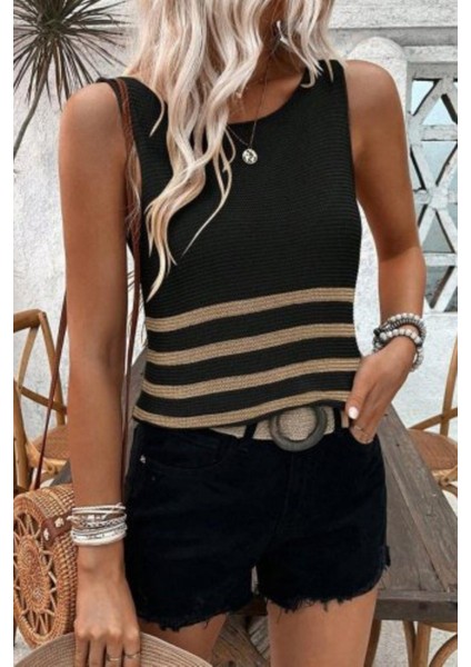 Çizgili Bisiklet Yaka Kolsuz Triko Bluz - Siyah fırsatları