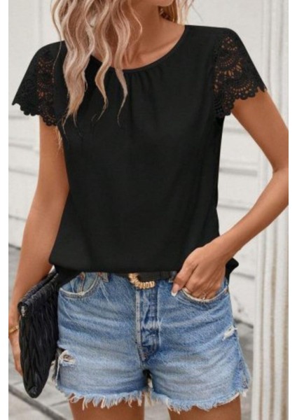 Dantel Kollu Bisiklet Yaka Sandy Bluz - Siyah