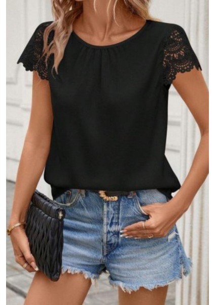 Dantel Kollu Bisiklet Yaka Sandy Bluz - Siyah fiyatları
