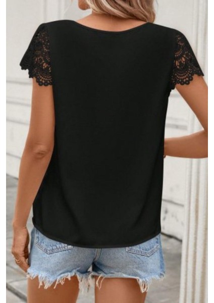 Dantel Kollu Bisiklet Yaka Sandy Bluz - Siyah modelleri