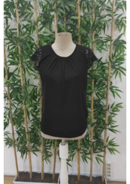 Dantel Kollu Bisiklet Yaka Sandy Bluz - Siyah fırsatları