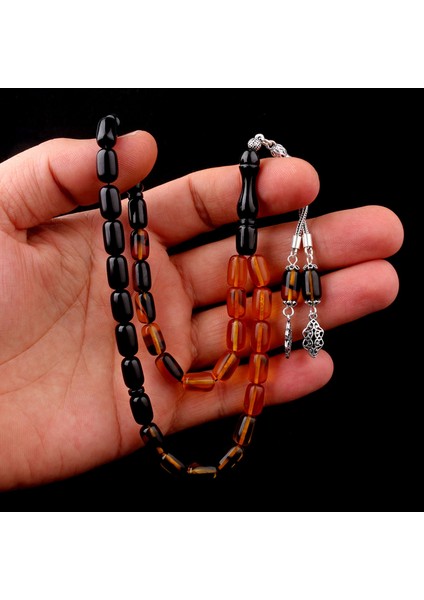 Süzme Renk Kapsül Kesim 925 Ayar Gümüş Püsküllü Ateş Kehribar Tesbih fiyatları