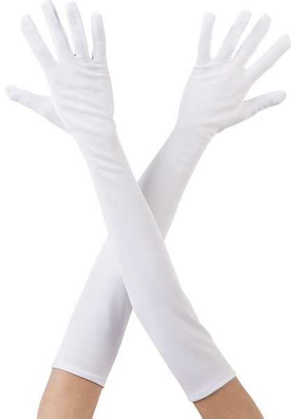 Beyaz Renk Dirseğe Kadar Uzun Kumaş Eldiven 40 cm (5224)