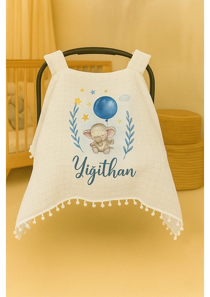 Kişiye Özel Isimli Fil Desenli Puset Örtüsü - Bebek Arabası Örtüsü