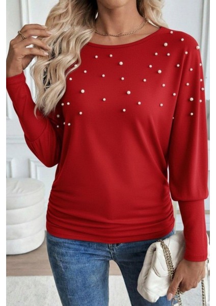 Bisiklet Yaka Incili Viskon Bluz - Kırmızı