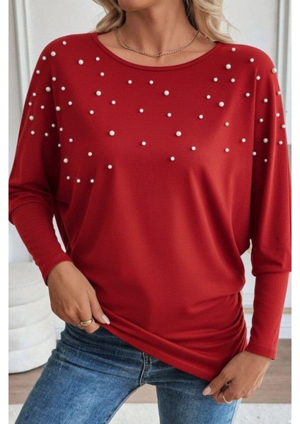 Bisiklet Yaka Incili Viskon Bluz - Kırmızı fiyatları