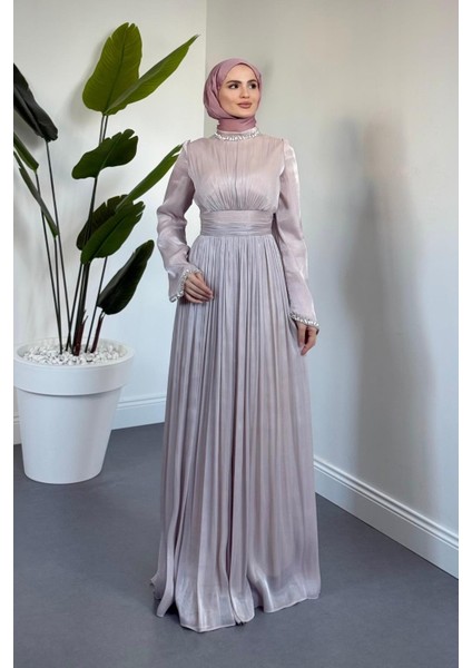 Saoris Boynu Kolu Taşlı Jan Jan Abiye Pudra