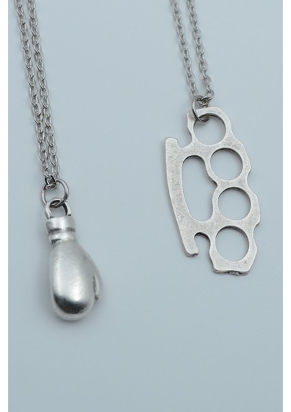 2'li Boks Eldiveni Muşta Gümüş Kaplama Kolye Seti