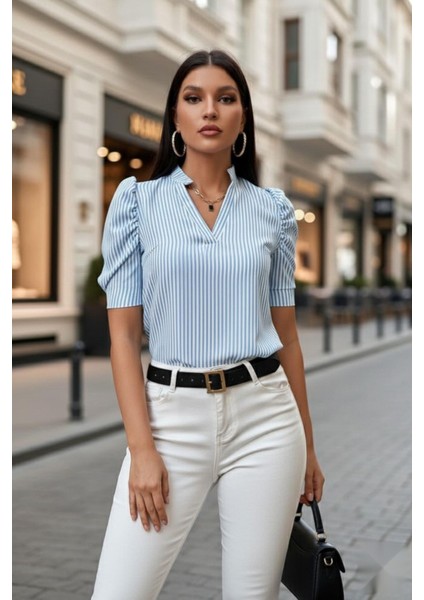 V Yaka Kısa Kol Çizgili Bluz Mavi modelleri