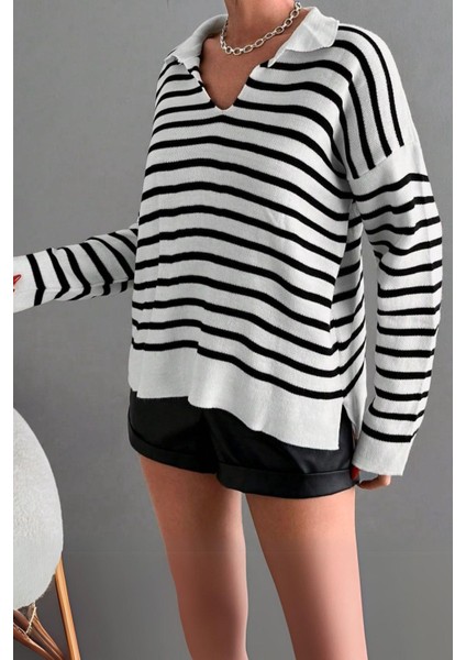 Polo Yaka Çizgi Desen Salaş Triko Bluz Beyaz