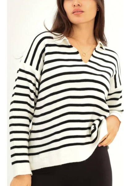 Polo Yaka Çizgi Desen Salaş Triko Bluz Beyaz fiyatları