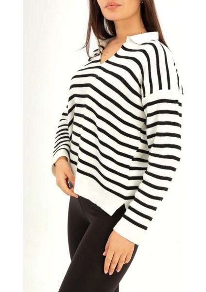 Polo Yaka Çizgi Desen Salaş Triko Bluz Beyaz fırsatları