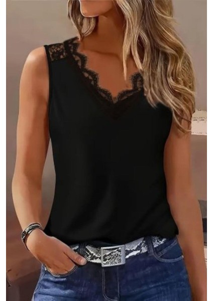 Dantel Detaylı V Yaka Kolsuz Viskon Bluz - Siyah fiyatları