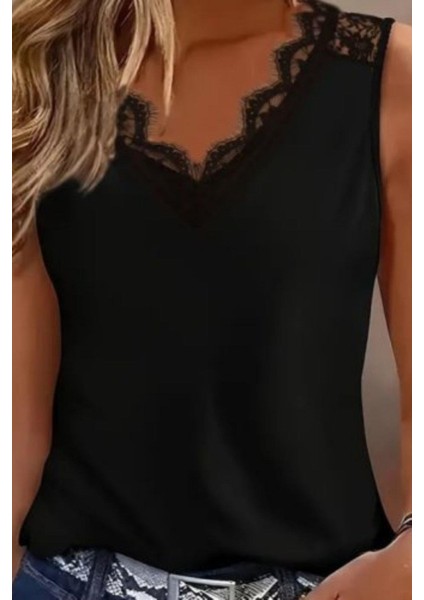 Dantel Detaylı V Yaka Kolsuz Viskon Bluz - Siyah modelleri