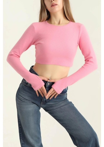 Bisiklet Yaka Parmak Geçmeli Crop Bluz Pembe