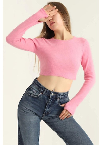 Bisiklet Yaka Parmak Geçmeli Crop Bluz Pembe fiyatları
