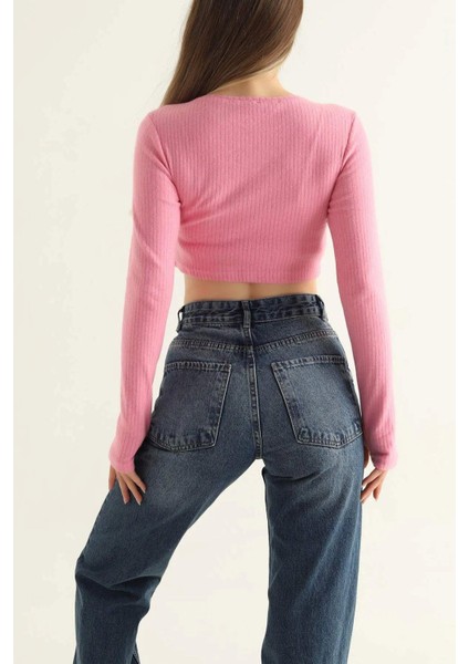 Bisiklet Yaka Parmak Geçmeli Crop Bluz Pembe modelleri