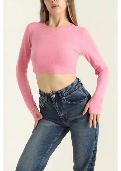 Bisiklet Yaka Parmak Geçmeli Crop Bluz Pembe fırsatları