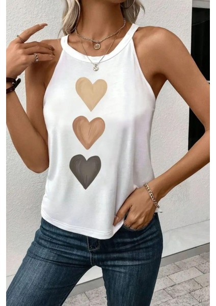Halter Yaka Kalp Desen Viskon Bluz Beyaz