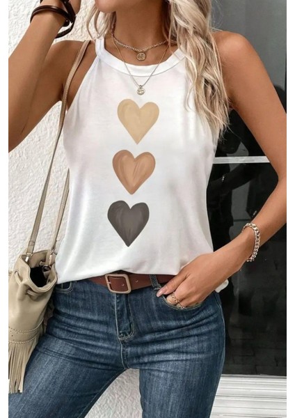 Halter Yaka Kalp Desen Viskon Bluz Beyaz fiyatları