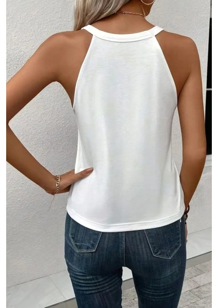 Halter Yaka Kalp Desen Viskon Bluz Beyaz modelleri