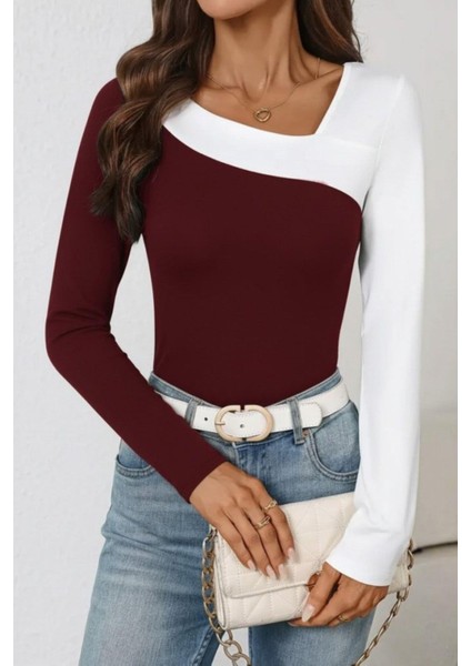 Geometrik Yaka Çift Renkli Viskon Bluz - Bordo