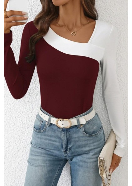 Geometrik Yaka Çift Renkli Viskon Bluz - Bordo fiyatları