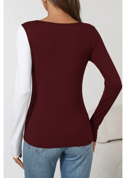 Geometrik Yaka Çift Renkli Viskon Bluz - Bordo modelleri