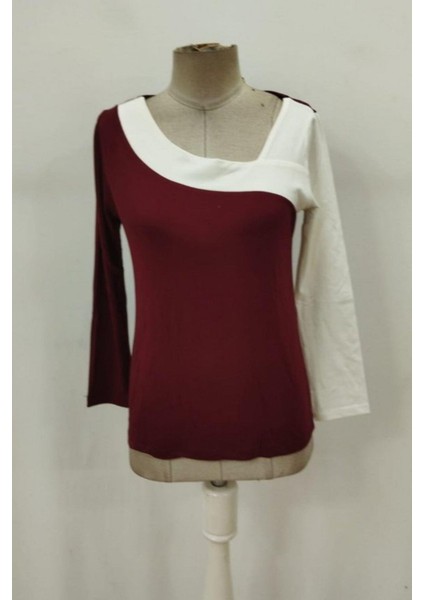 Geometrik Yaka Çift Renkli Viskon Bluz - Bordo fırsatları